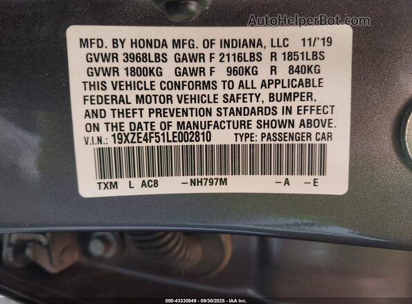 19XZE4F51LE002810 2020 HONDA INSIGHT Gray Widok tylnych siedzeń