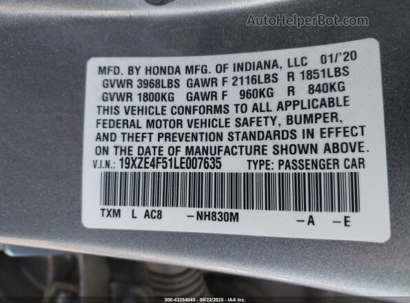 19XZE4F51LE007635 2020 HONDA INSIGHT Silver Շարժիչի բաժամունքի տեսք