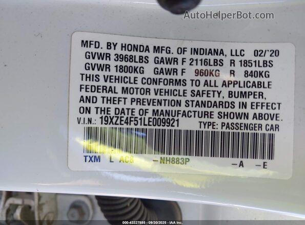 19XZE4F51LE009921 2020 HONDA INSIGHT White ძრავის განყოფილების ხედი