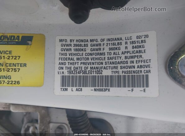 19XZE4F58LE011052 2020 HONDA INSIGHT White Widok komory silnika