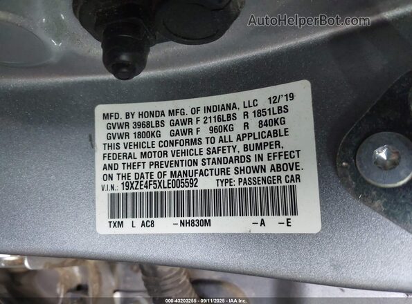 19XZE4F5XLE005592 2020 HONDA INSIGHT Silver ძრავის განყოფილების ხედი