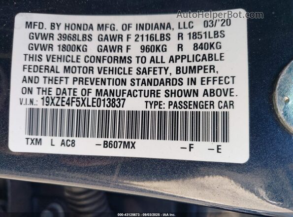 19XZE4F5XLE013837 2020 HONDA INSIGHT Blue Engine compartment view