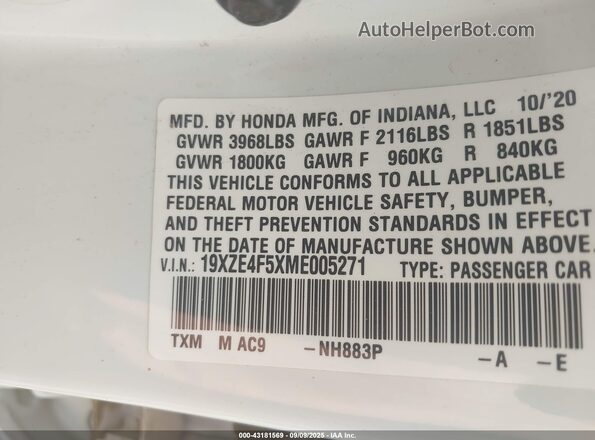 19XZE4F5XME005271 2021 HONDA INSIGHT White Vista del compartimento del motor