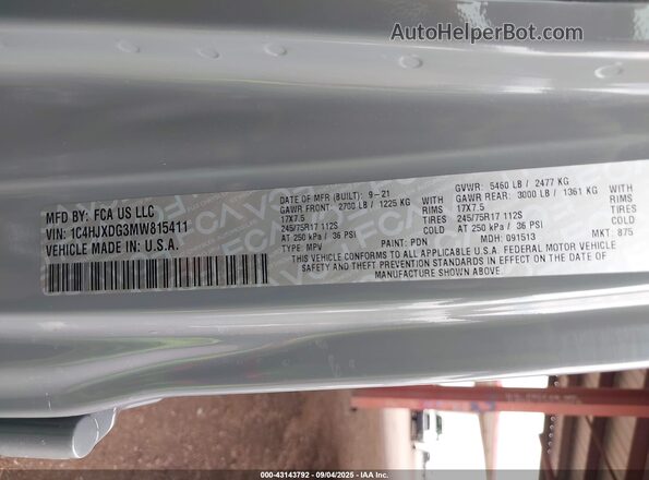 1C4HJXDG3MW815411 2021 JEEP WRANGLER UNLIMITED Gray ძრავის განყოფილების ხედი