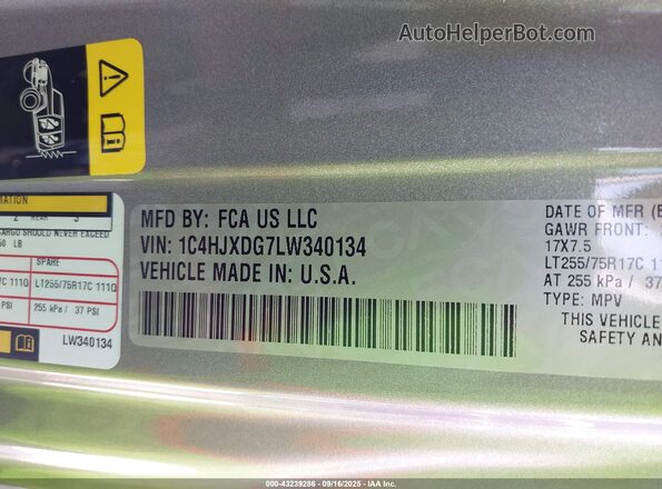1C4HJXDG7LW340134 2020 JEEP WRANGLER UNLIMITED Silver Widok komory silnika