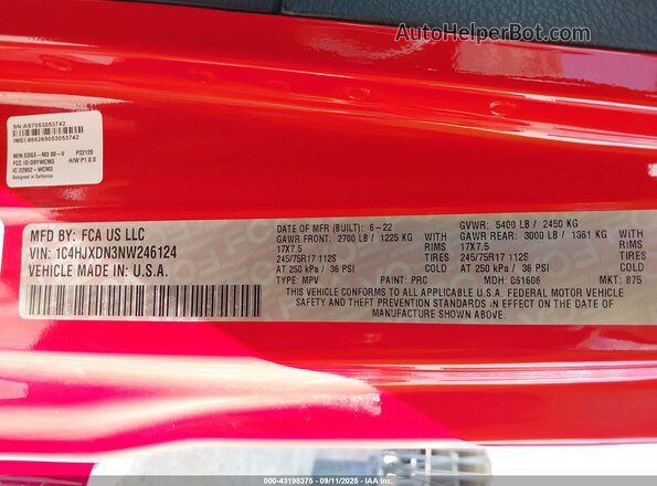 1C4HJXDN3NW246124 2022 JEEP WRANGLER UNLIMITED Red 