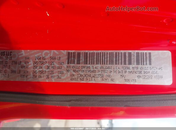1C4HJXDN4LW213758 2020 JEEP WRANGLER UNLIMITED Red Вид підкапотного простору