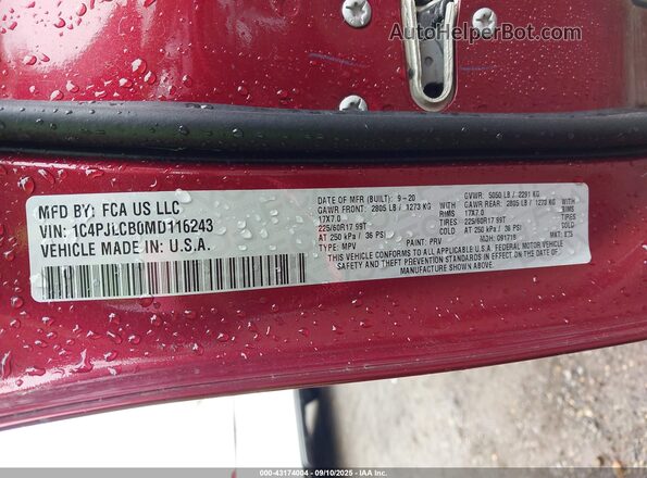 1C4PJLCB0MD116243 2021 JEEP CHEROKEE Maroon Vista del compartimento del motor