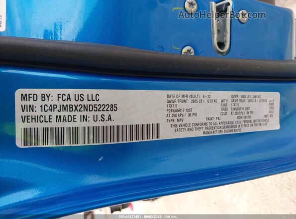 1C4PJMBX2ND522285 2022 JEEP CHEROKEE Синий Вид подкапотного пространства