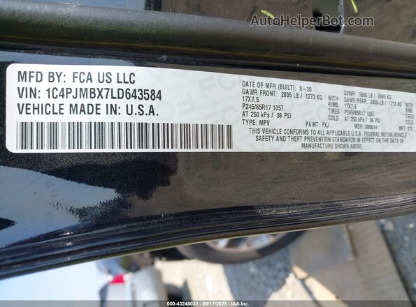 1C4PJMBX7LD643584 2020 JEEP CHEROKEE Black Շարժիչի բաժամունքի տեսք