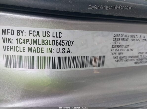 1C4PJMLB3LD645707 2020 JEEP CHEROKEE Серебряный Вид подкапотного пространства