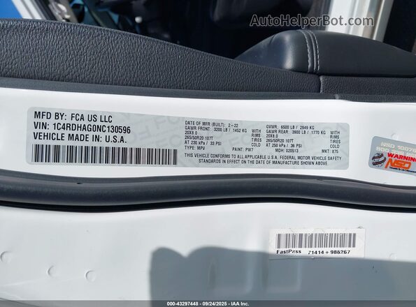 1C4RDHAG0NC130596 2022 DODGE DURANGO Белый Вид подкапотного пространства