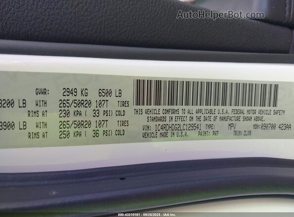 1C4RDHDG2LC129541 2020 DODGE DURANGO White Engine compartment view