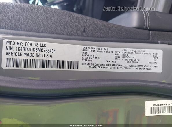 1C4RDJDG5MC763404 2021 DODGE DURANGO Gray Շարժիչի բաժամունքի տեսք