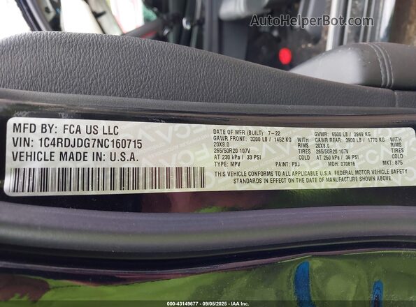 1C4RDJDG7NC160715 2022 DODGE DURANGO Black Widok komory silnika