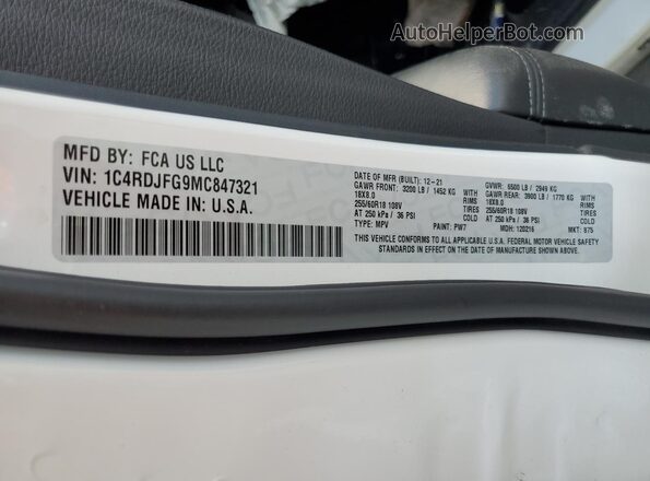 1C4RDJFG9MC847321 2021 DODGE DURANGO Белый Вид наклейки с VIN-кодом