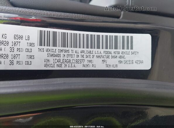 1C4RJEAG0LC182377 2020 JEEP GRAND CHEROKEE Black Շարժիչի բաժամունքի տեսք