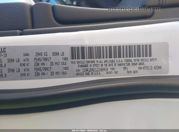 1C4RJEAG1LC102410 2020 JEEP GRAND CHEROKEE White Շարժիչի բաժամունքի տեսք
