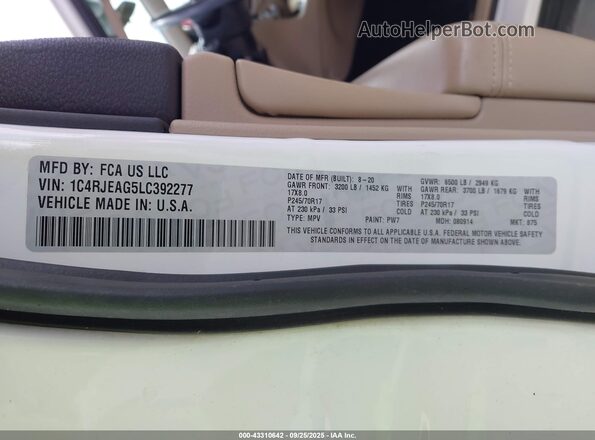 1C4RJEAG5LC392277 2020 JEEP GRAND CHEROKEE White Vista del compartimento del motor