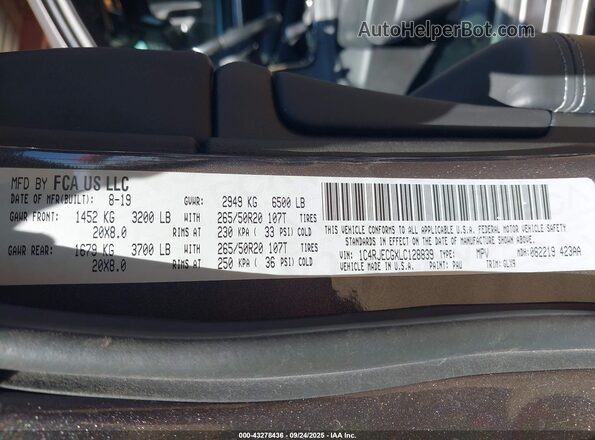 1C4RJECGXLC128839 2020 JEEP GRAND CHEROKEE Gray Вид підкапотного простору