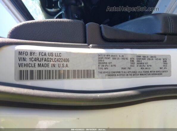 1C4RJFAG2LC422406 2020 JEEP GRAND CHEROKEE White Вид підкапотного простору