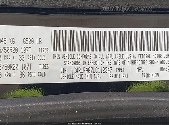 1C4RJFAG7LC112347 2020 JEEP GRAND CHEROKEE Black Вид підкапотного простору