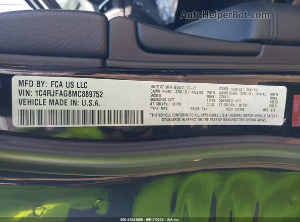 1C4RJFAG8MC889752 2021 JEEP GRAND CHEROKEE Черный Вид подкапотного пространства
