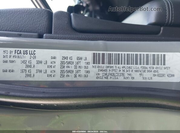 1C4RJFAG9LC313781 2020 JEEP GRAND CHEROKEE Gray Շարժիչի բաժամունքի տեսք