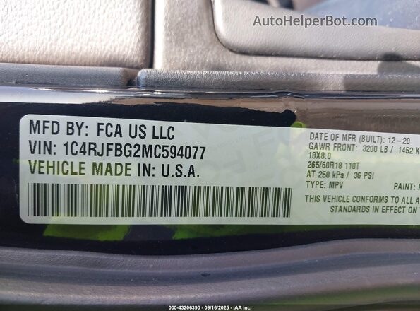1C4RJFBG2MC594077 2021 JEEP GRAND CHEROKEE Black Շարժիչի բաժամունքի տեսք