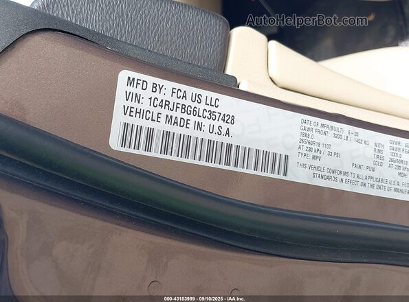 1C4RJFBG6LC357428 2020 JEEP GRAND CHEROKEE Brown Engine compartment view