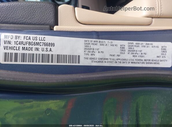 1C4RJFBG6MC766899 2021 JEEP GRAND CHEROKEE Синий Вид подкапотного пространства