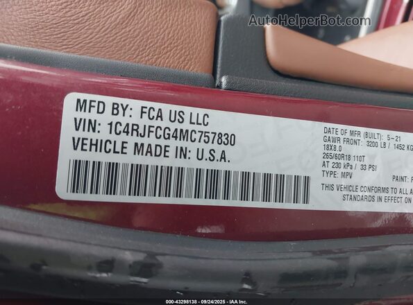 1C4RJFCG4MC757830 2021 JEEP GRAND CHEROKEE Burgundy Widok komory silnika