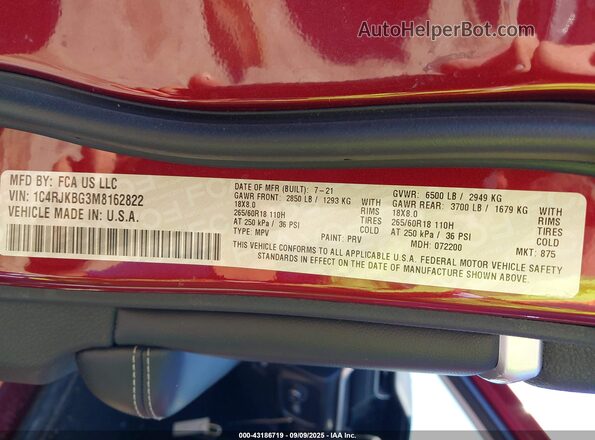 1C4RJKBG3M8162822 2021 JEEP GRAND CHEROKEE L Maroon Widok komory silnika