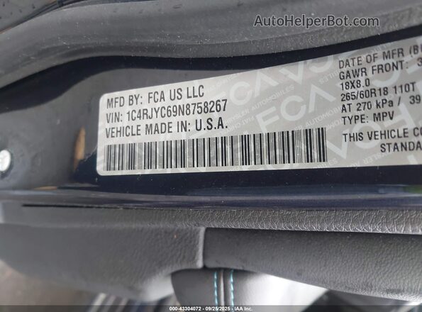 1C4RJYC69N8758267 2022 JEEP GRAND CHEROKEE Blue Vista del compartimento del motor