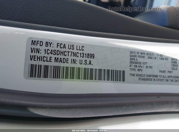 1C4SDHCT7NC131899 2022 DODGE DURANGO Белый Вид подкапотного пространства