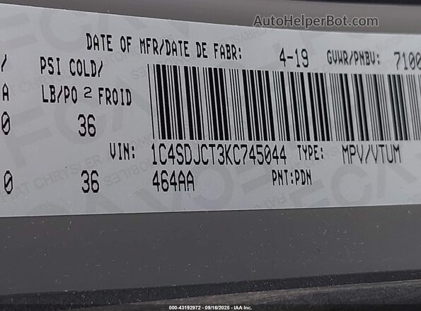 1C4SDJCT3KC745044 2019 DODGE DURANGO Gray ძრავის განყოფილების ხედი