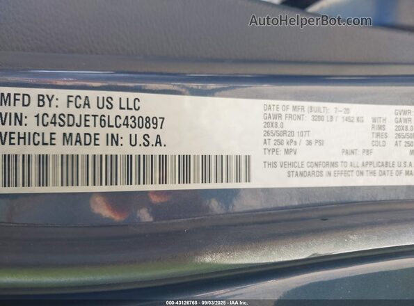 1C4SDJET6LC430897 2020 DODGE DURANGO Blue Widok komory silnika