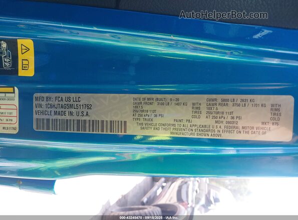 1C6HJTAG5ML511762 2021 JEEP GLADIATOR Blue Engine compartment view