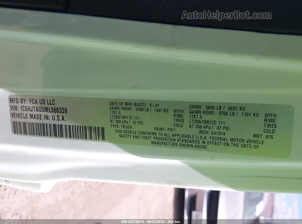 1C6HJTAG5ML566339 2021 JEEP GLADIATOR White ძრავის განყოფილების ხედი