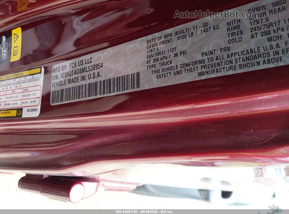 1C6HJTAG6ML538954 2021 JEEP GLADIATOR Burgundy Engine compartment view