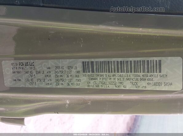 1C6JJTAG0LL162252 2020 JEEP GLADIATOR Green Вид підкапотного простору