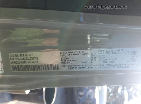 1C6JJTAG8LL207129 2020 JEEP GLADIATOR Tan VIN კოდის სტიკერის ხედი