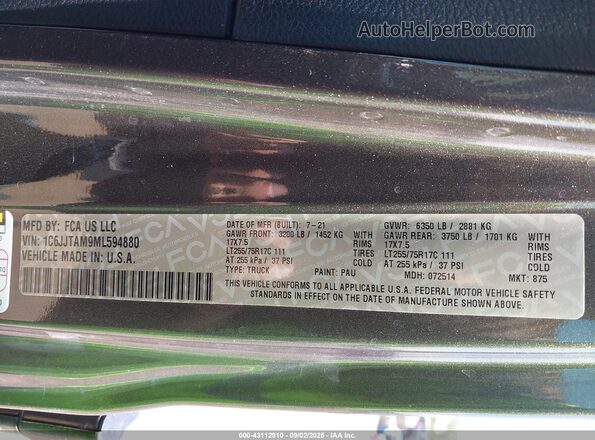 1C6JJTAM9ML594880 2021 JEEP GLADIATOR Gray Вид підкапотного простору