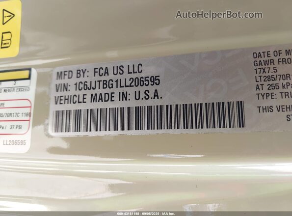 1C6JJTBG1LL206595 2020 JEEP GLADIATOR Бежевый Вид подкапотного пространства