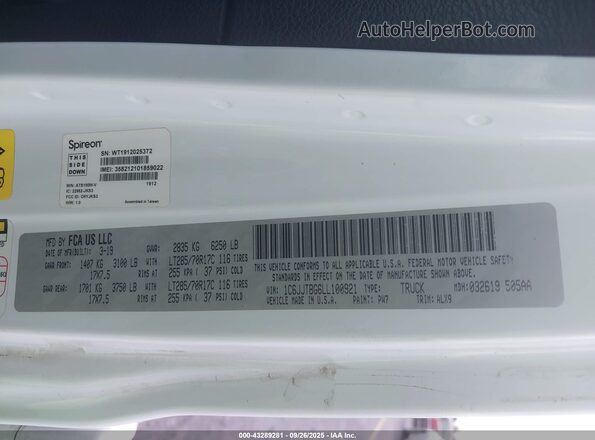 1C6JJTBG6LL100921 2020 JEEP GLADIATOR White Engine compartment view