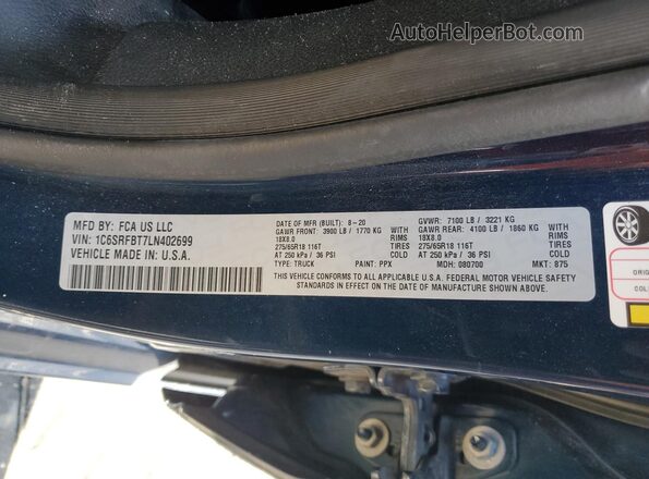 1C6SRFBT7LN402699 2020 RAM 1500 Blue Widok komory silnika
