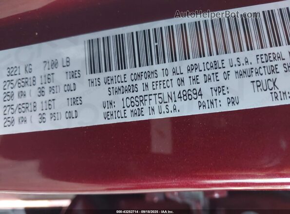 1C6SRFFT5LN148694 2020 RAM 1500 Red ძრავის განყოფილების ხედი