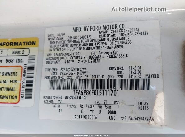 1FA6P8CF0L5111701 2020 FORD MUSTANG White Շարժիչի բաժամունքի տեսք