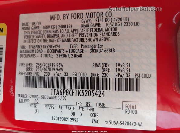 1FA6P8CF1K5205424 2019 FORD MUSTANG Red Вид підкапотного простору