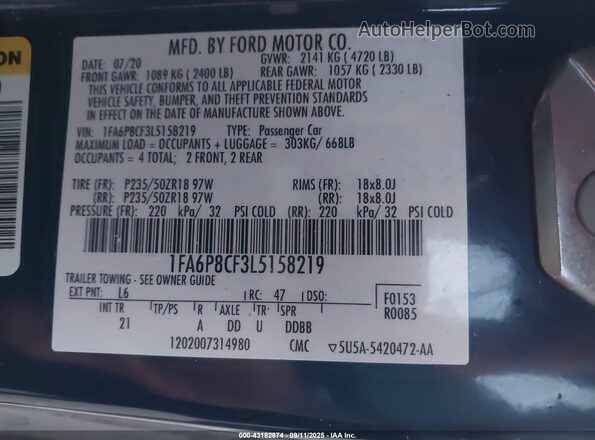 1FA6P8CF3L5158219 2020 FORD MUSTANG Blue Engine compartment view